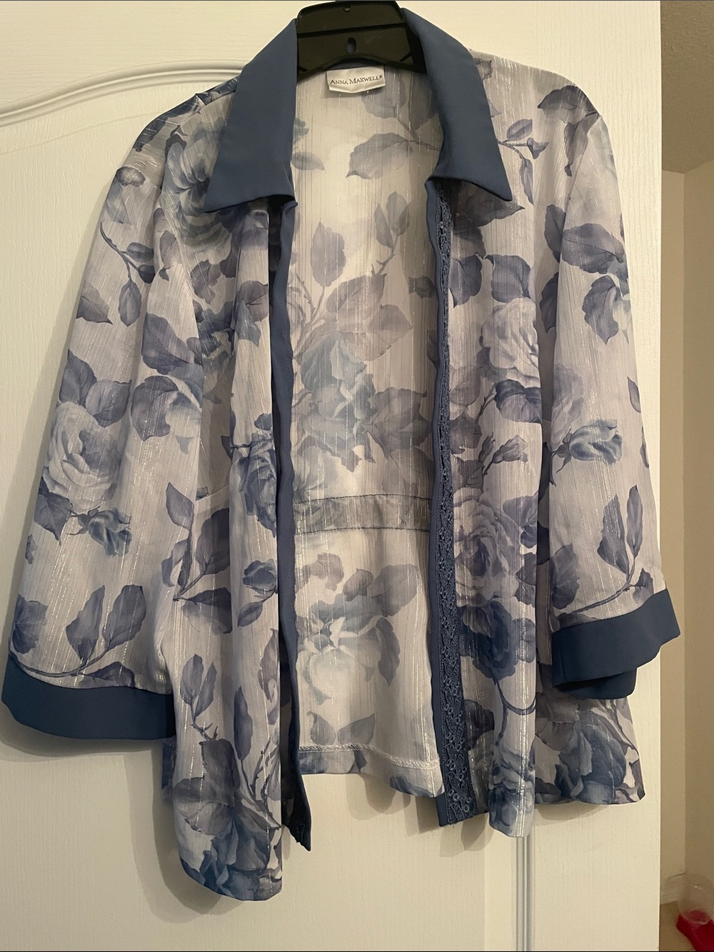 Anna Maxwell Blue Floral Sheer Blazer with Solid Trim